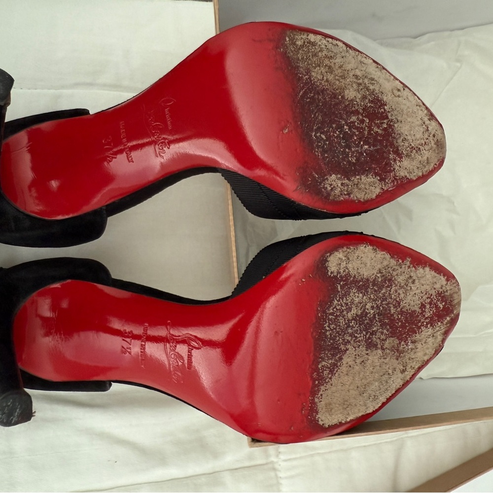 Christian Louboutin Black Peep-Toe ribbon-strapped Heels - Picture 12 of 13